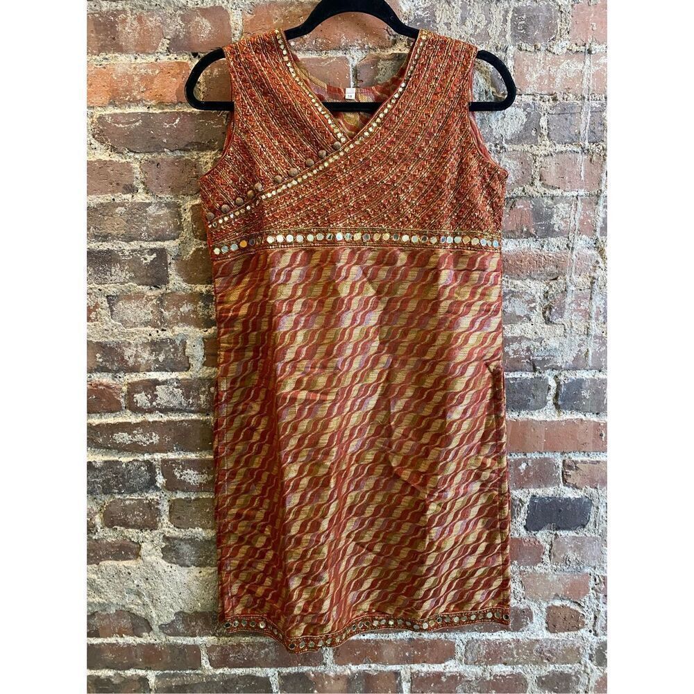 Beaded Ethnic Tunic Top Burnt Orange/Red/Gold Sleeveless V-Neck Women’s Size 38